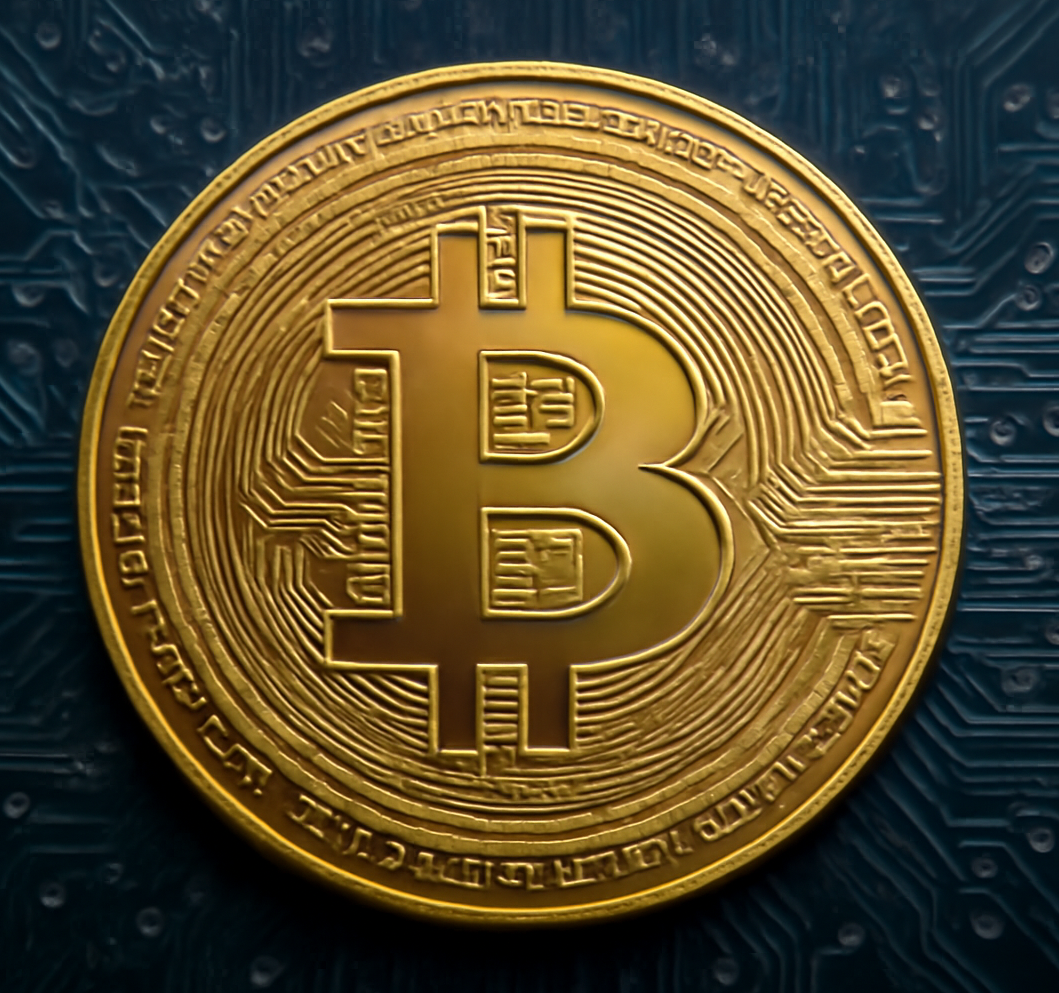 Golden Bitcoin coin close-up.