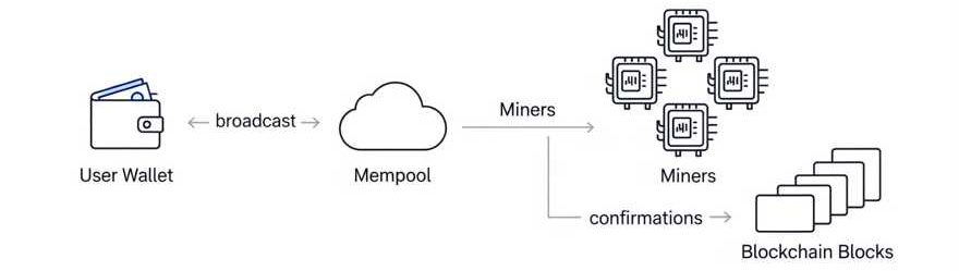 diagram: user wallet → mempool → miners with GPU icons → blockchain blocks