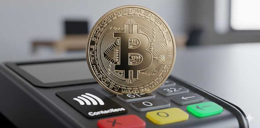  image: close-up of a Bitcoin Cash (BCH) coin on a contactless payment terminal