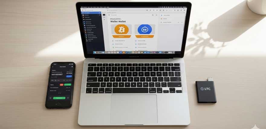 Image Flat-lay of a phone (mobile wallet), a laptop (desktop wallet), and a small hardware wallet device labeled ‘LTC
