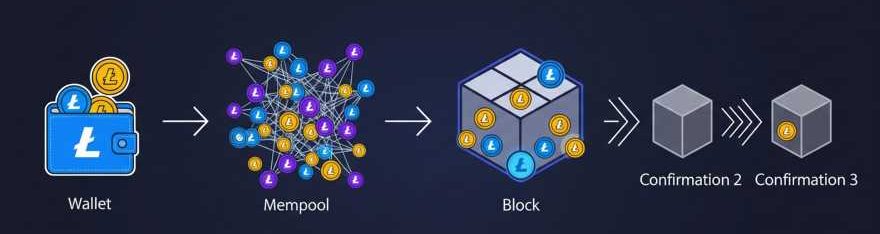 infographic showing a Litecoin transaction moving from wallet → mempool → block → confirmations