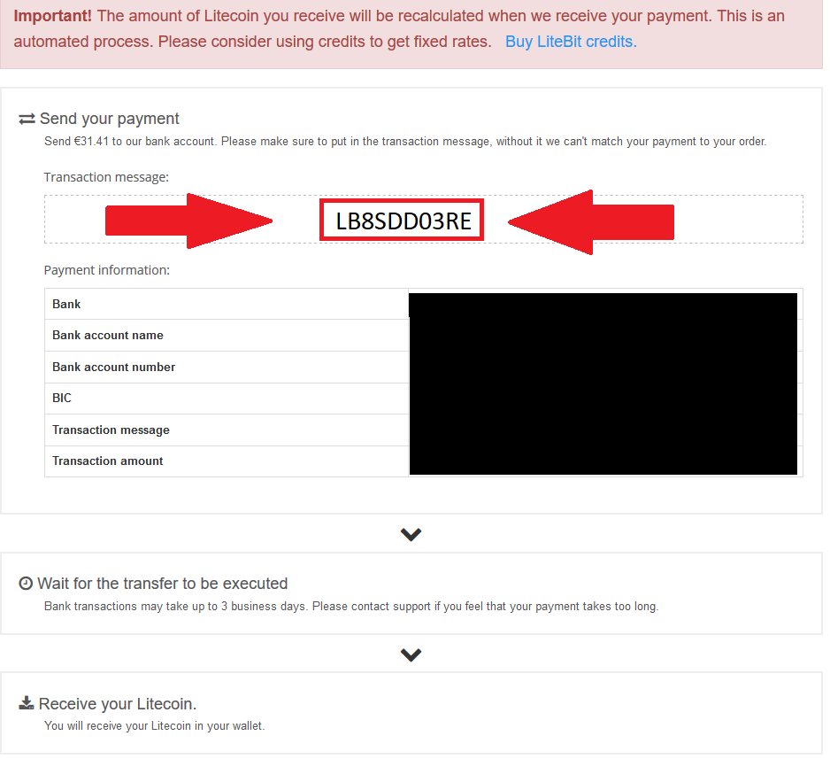 Transaction Message für den Kauf von Litecoin per Überweisung