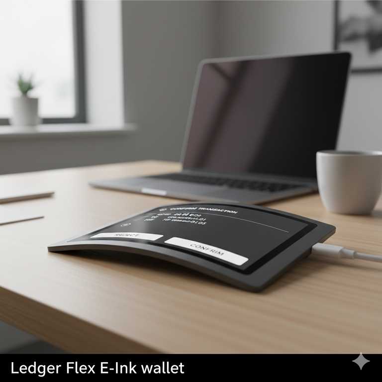 Ledger Flex on a desk, screen showing transaction details