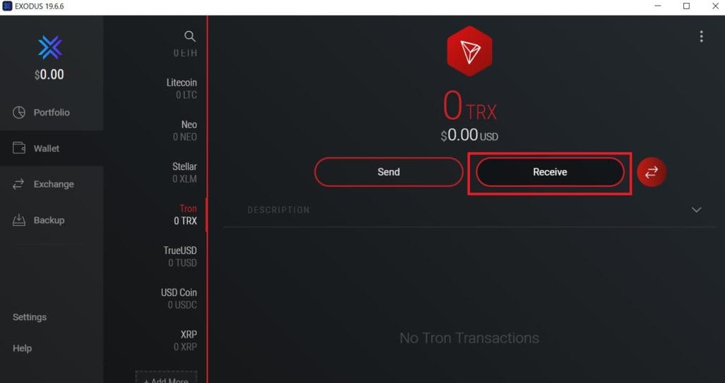 enviar y recibir TRX con billetera Exodus