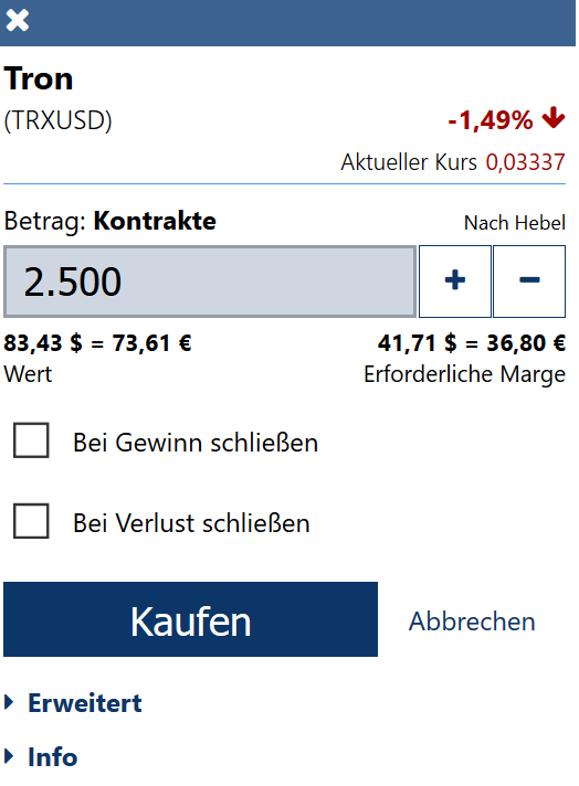 TRON kaufen CFD Plus 500 Schritt 3 Kaufposition erföffnen