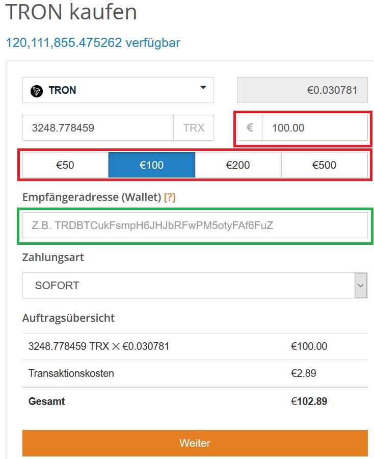 Tron erwerben auf Litebit Schritt 2 Kaufübersicht