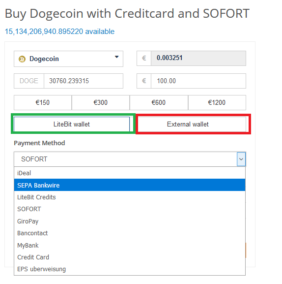 Dogecoin kaufen auf Litebit Auswahl des Wallets