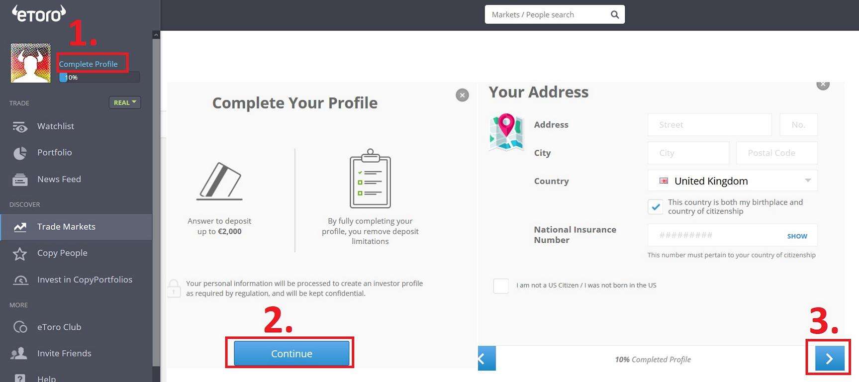 Complete your profile on eToro