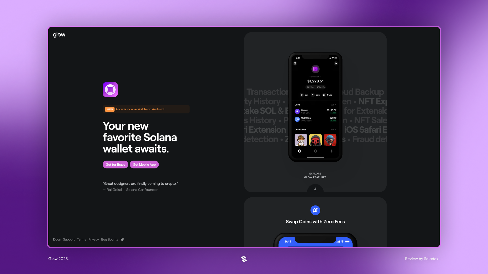 Glow Wallet app on iPhone, displaying a simple SOL balance and send/receive buttons.