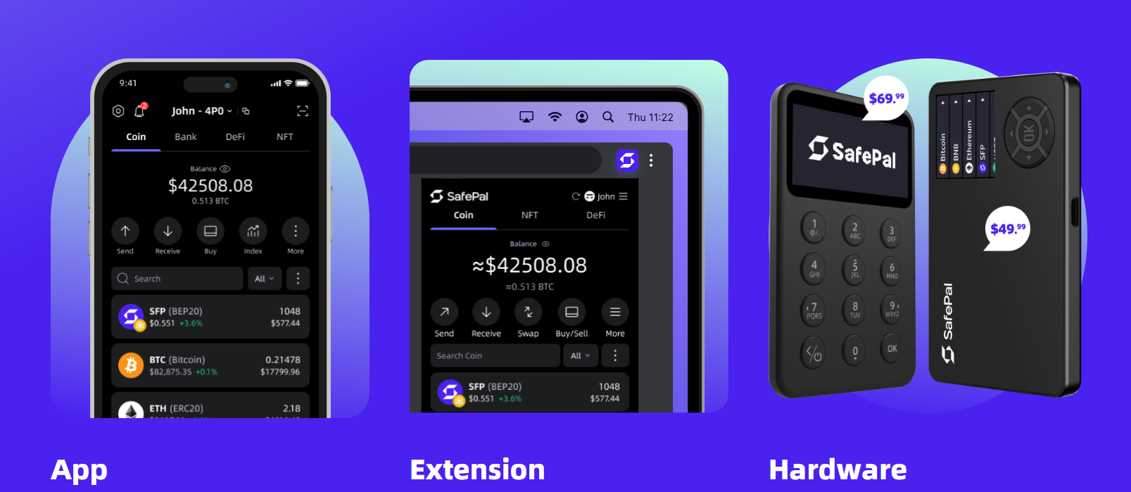 SafePal mobile app with its dashboard and an optional SafePal hardware wallet device alongside.
