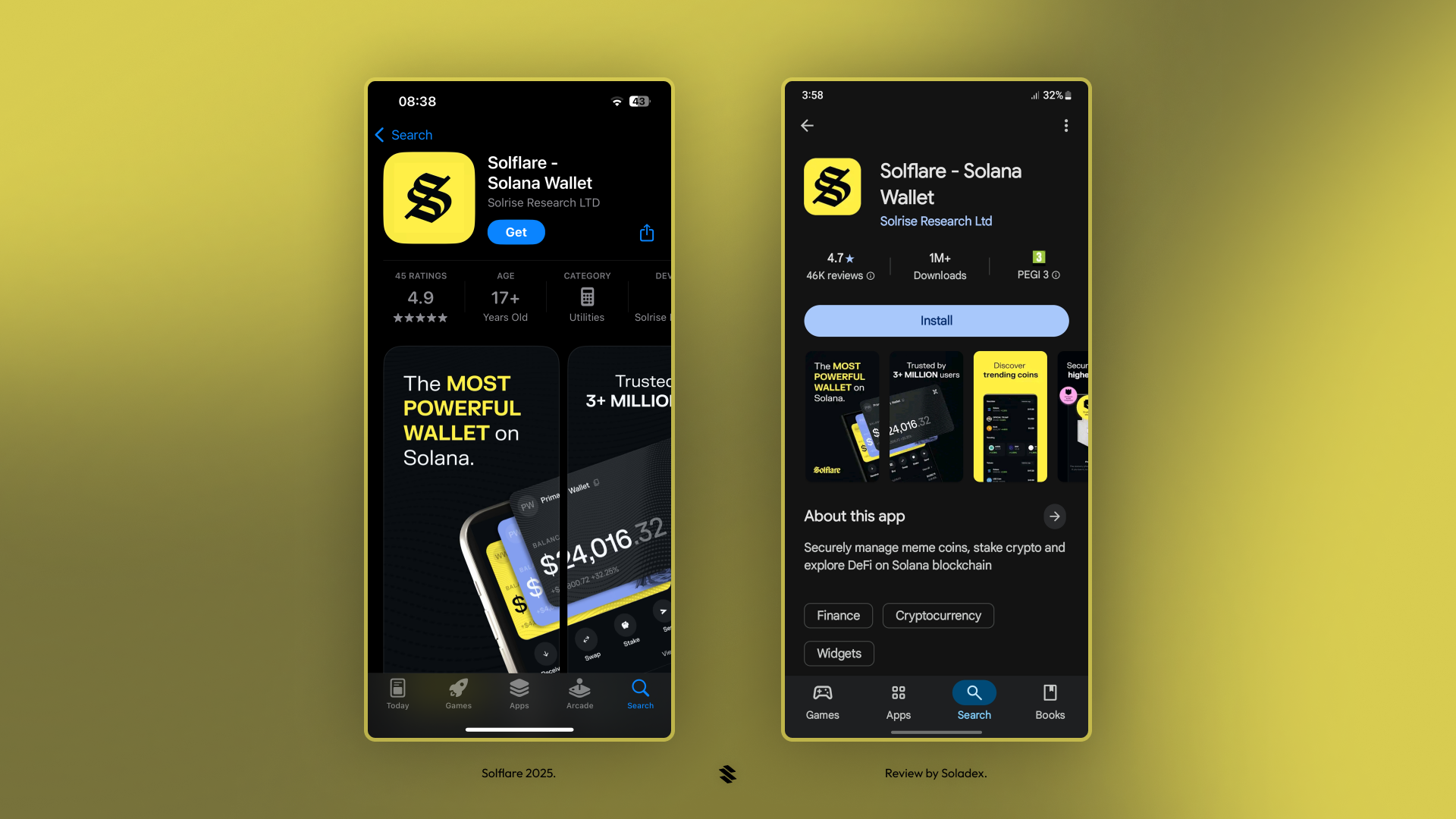 Solflare mobile app displaying a Solana portfolio and staking options.