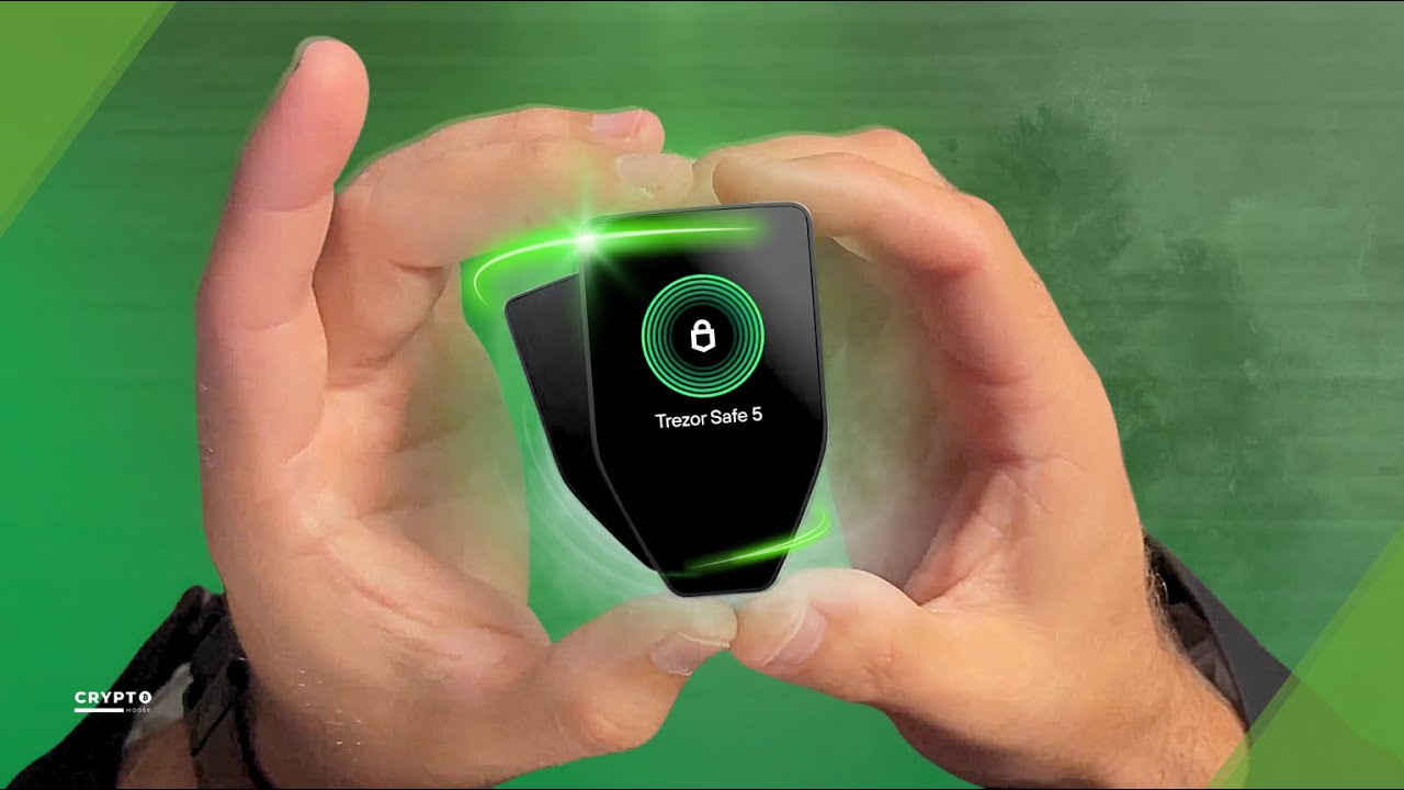 Trezor Safe 5 hardware wallet showcasing its color touchscreen.