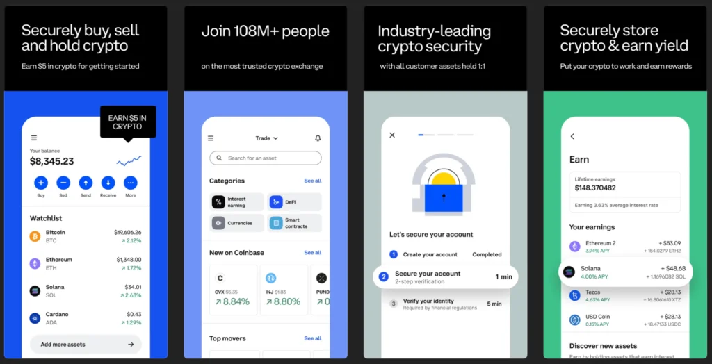 Coinbase mobile app showing a SOL asset page with buy, sell, stake options.