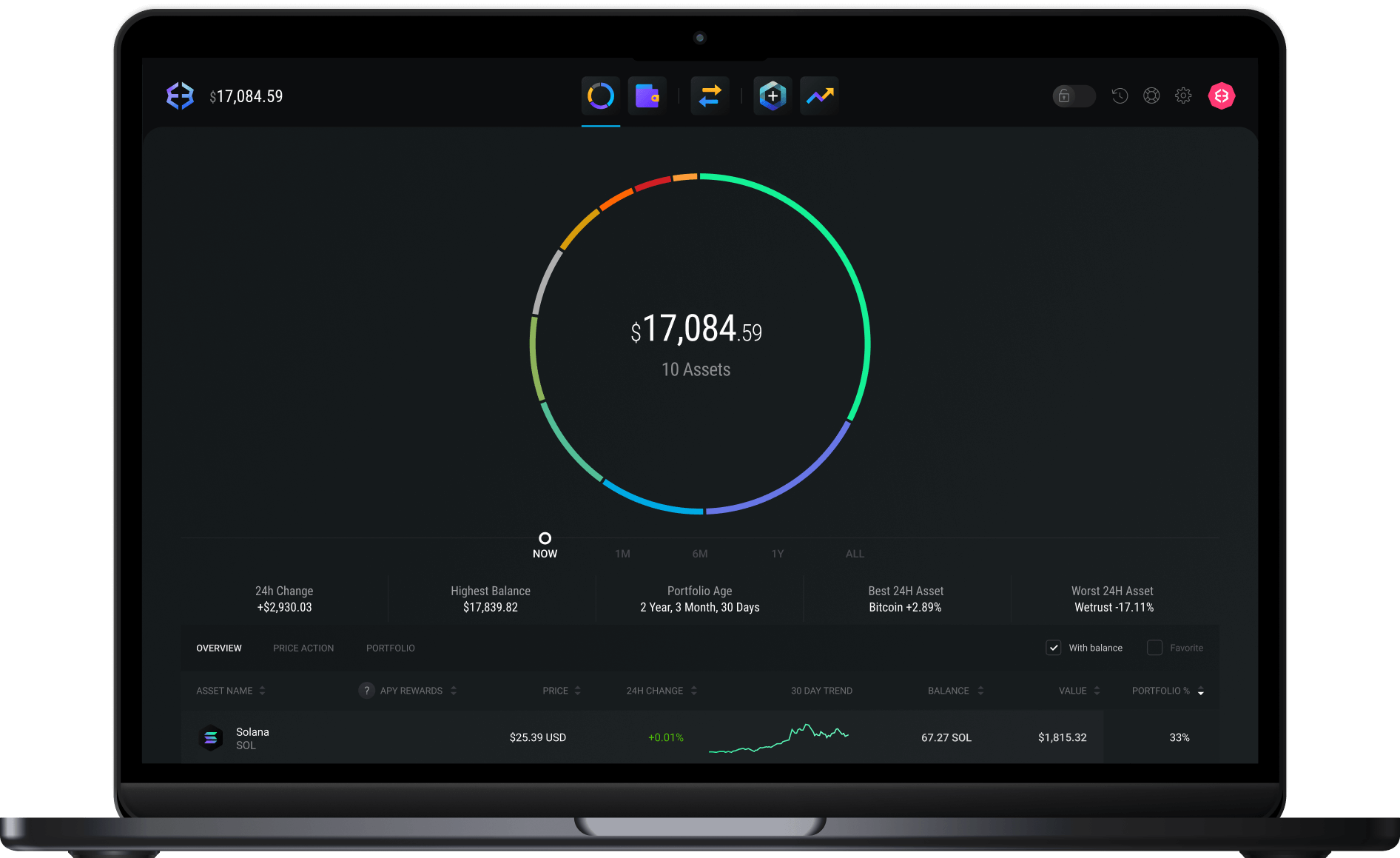 Exodus desktop app showing a portfolio overview and Solana wallet tab.