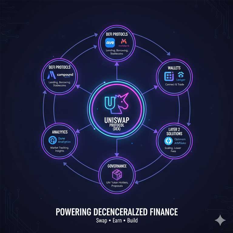 infographic showing Uniswap ecosystem connections with DeFi protocols and wallets