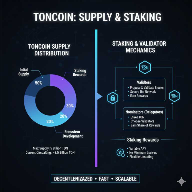infografía que ilustra el gráfico de suministro de Toncoin, recompensas de staking y roles de validador