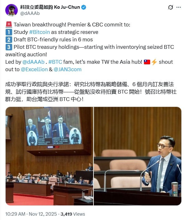 Taiwan to Pilot Bitcoin Treasury Holdings Using Seized BTC