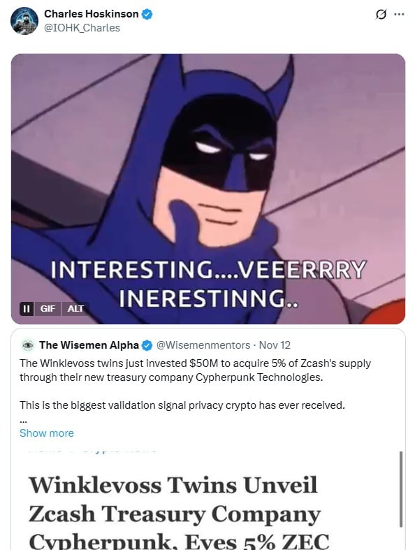 Cardano 的 Charles Hoskinson 對 Winklevoss 雙胞胎大規模移動 Zcash 做出反應