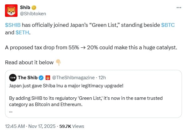 SHIB Recognized Alongside BTC and ETH in Japan’s Elite Green List