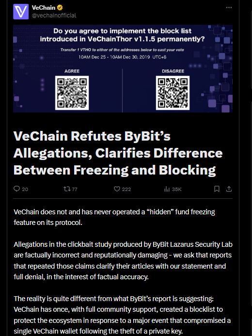 VeChain Pushes Back Against Bybit’s Fund Freeze Claims, Cites Misinterpretation