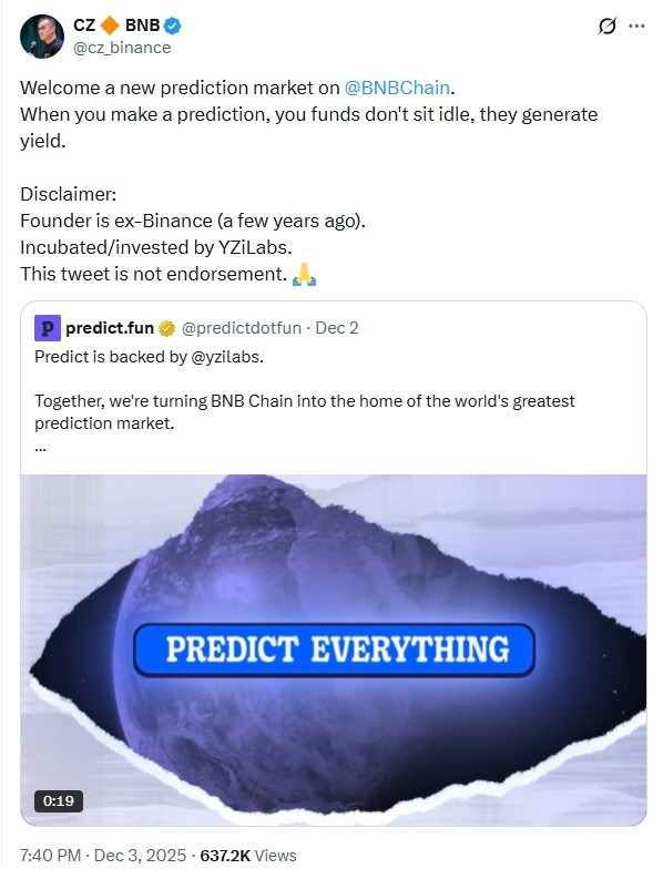 CZ Unveils New BNB Chain Prediction Market Aiming to Rival Kalshi and Polymarket