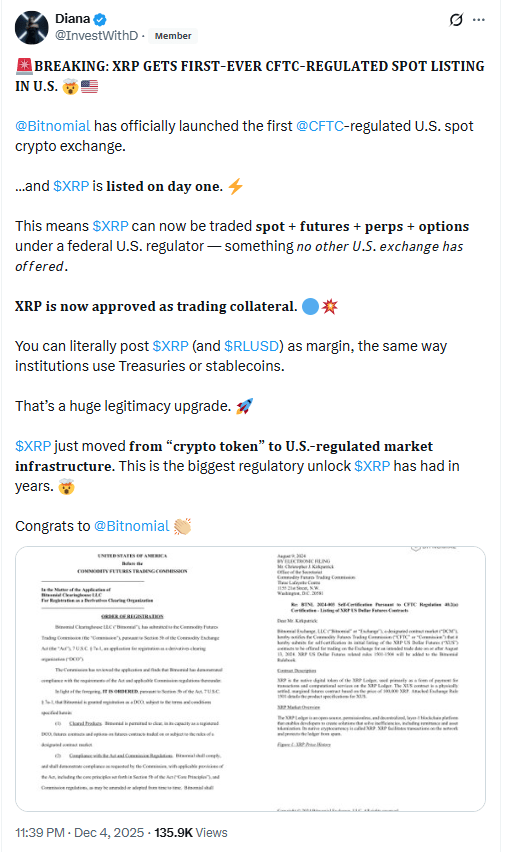 XRP Makes U.S. Crypto History With Launch on CFTC-Regulated Spot Exchange