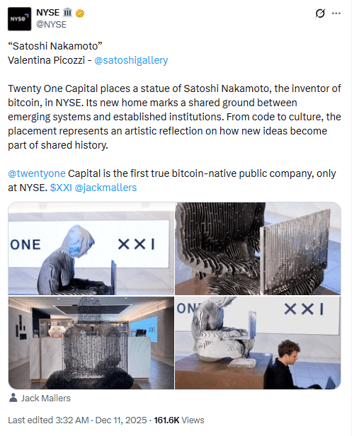 Сатоші Накамото увічнений на NYSE як новий символ інституційного прориву криптовалют