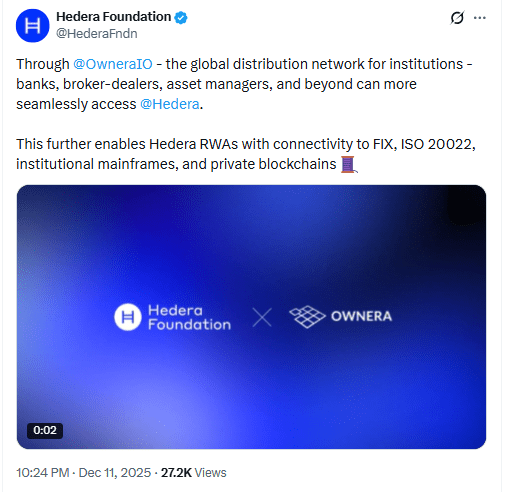 Hedera Expands Institutional RWA Access Through Ownera Integration
