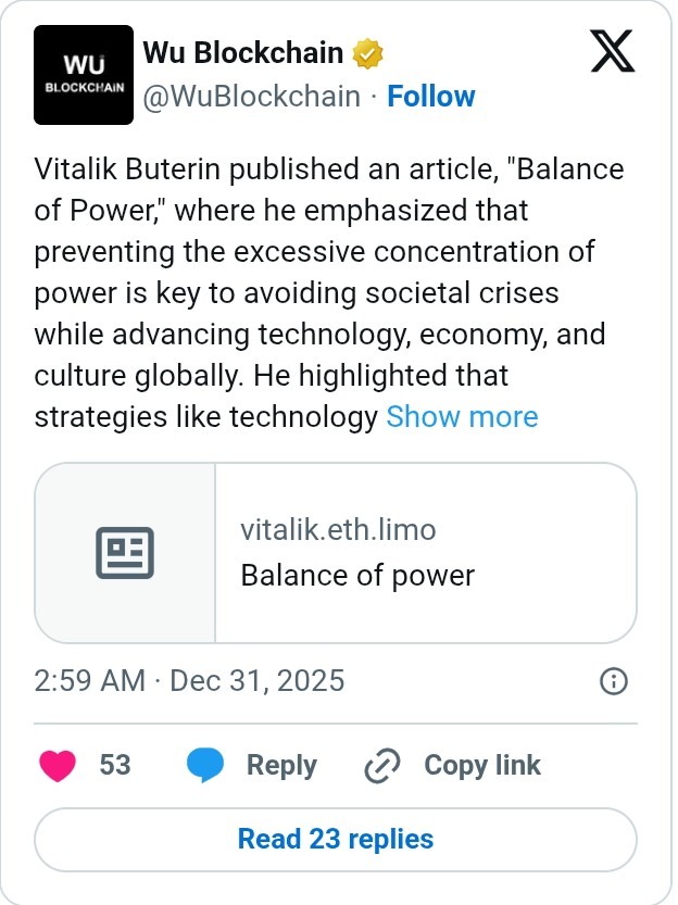 Ethereum’s Vitalik Buterin Urges Decentralized Models to Avoid Societal Crises