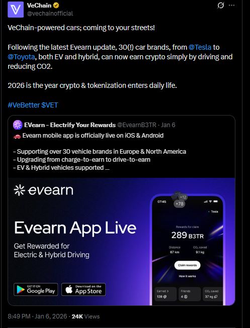 VeChain-Powered Drive-to-Earn Cars Launch Across 30 Brands, Rewarding Drivers in Crypto