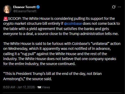Trump Administration Threatens to Drop Crypto Bill if Coinbase Doesn’t Accept Yield Deal